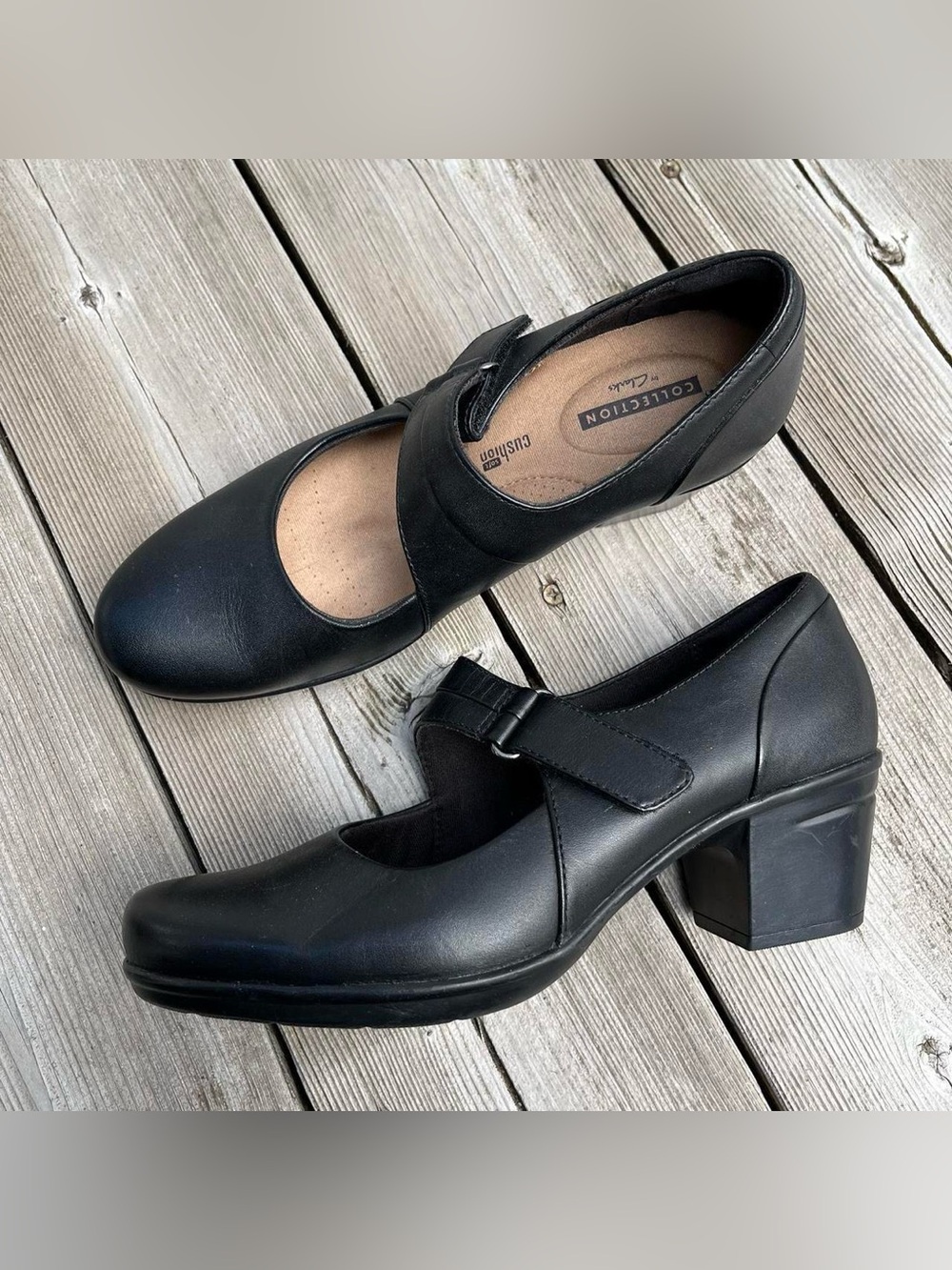 Clarks black chunky heel mary janes